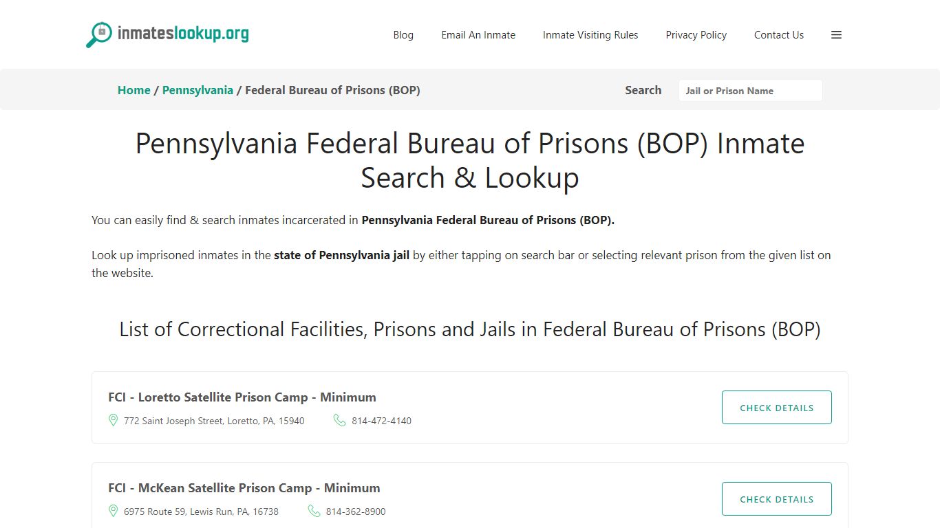 Pennsylvania Federal Bureau of Prisons (BOP) Inmate Search & Lookup